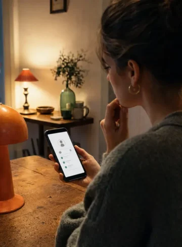 Femme consultant l’activité récente d’un vendeur avant d’acheter une lampe d’occasion.