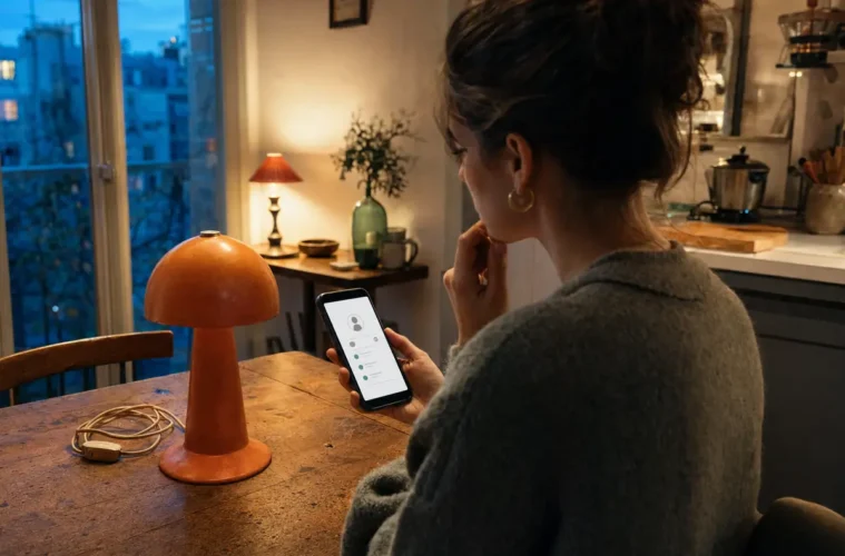 Femme consultant l’activité récente d’un vendeur avant d’acheter une lampe d’occasion.