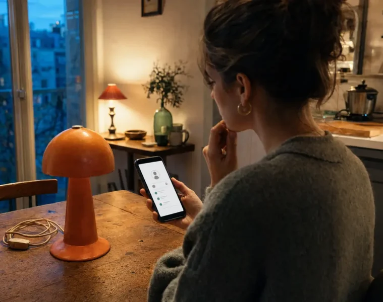Femme consultant l’activité récente d’un vendeur avant d’acheter une lampe d’occasion.