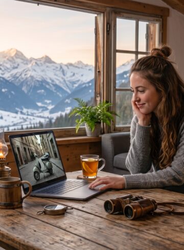 Femme consultant un ordinateur portable dans un chalet face aux montagnes