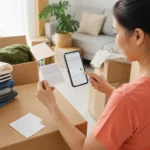 Cliente validant une adresse de livraison par défaut pendant un déménagement.