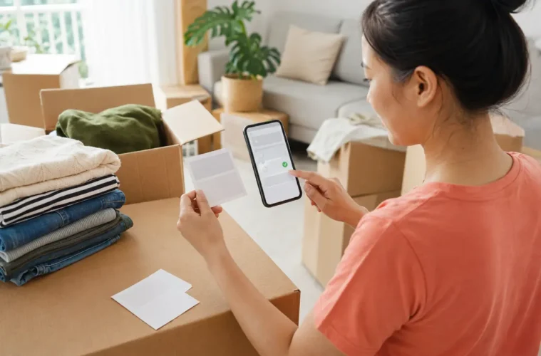 Cliente validant une adresse de livraison par défaut pendant un déménagement.