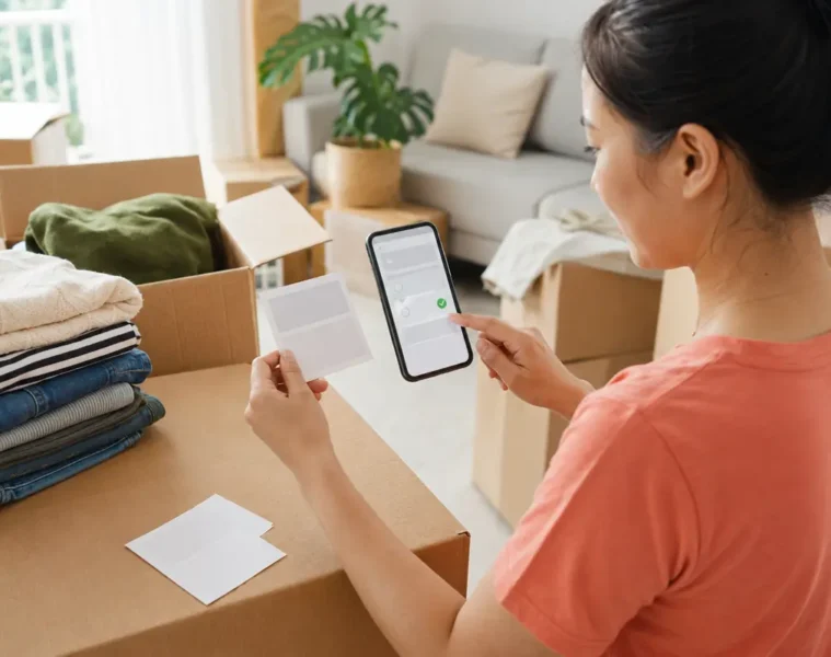 Cliente validant une adresse de livraison par défaut pendant un déménagement.