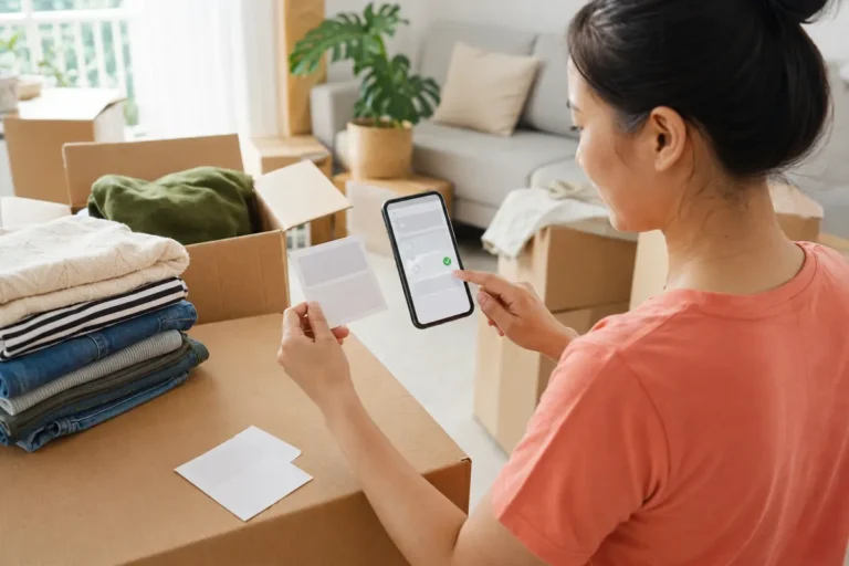 Cliente validant une adresse de livraison par défaut pendant un déménagement.