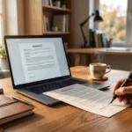 Bureau de travail avec carnet, contrat signé et stylo, freelance workspace lumière dorée