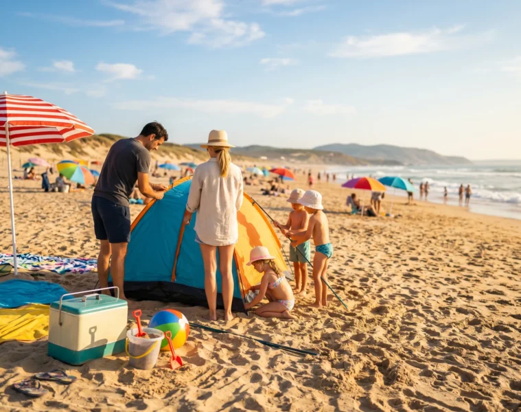 Famille profitant de la plage pendant les vacances scolaires été 2026