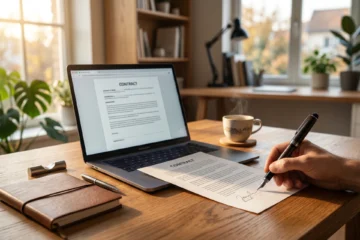 Bureau de travail avec carnet, contrat signé et stylo, freelance workspace lumière dorée