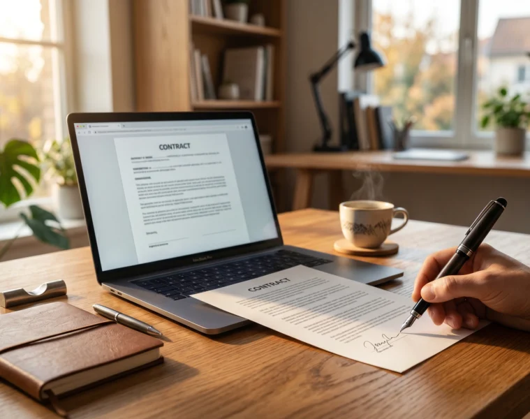 Bureau de travail avec carnet, contrat signé et stylo, freelance workspace lumière dorée