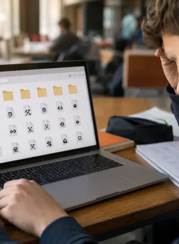 Étudiant découvrant des fichiers illisibles après avoir branché une clé USB.