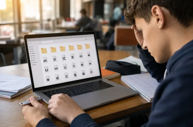 Étudiant découvrant des fichiers illisibles après avoir branché une clé USB.