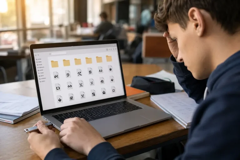 Étudiant découvrant des fichiers illisibles après avoir branché une clé USB.