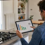 Fournisseurs de gaz les moins chers en 2026 : le comparatif Particulier comparant des offres de gaz sur une tablette dans une cuisine