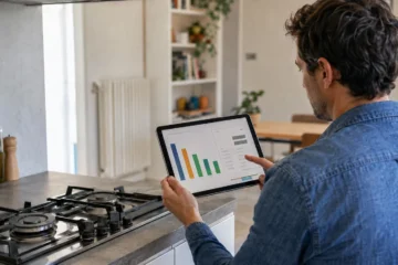 Particulier comparant des offres de gaz sur une tablette dans une cuisine
