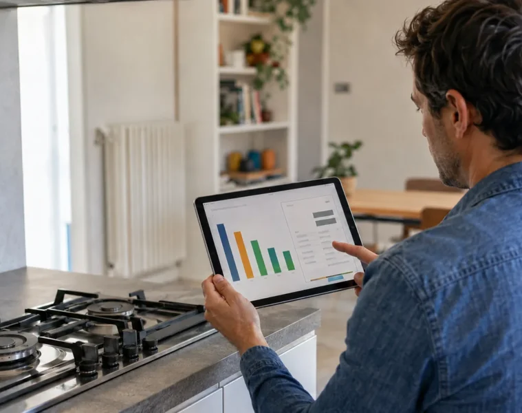 Particulier comparant des offres de gaz sur une tablette dans une cuisine