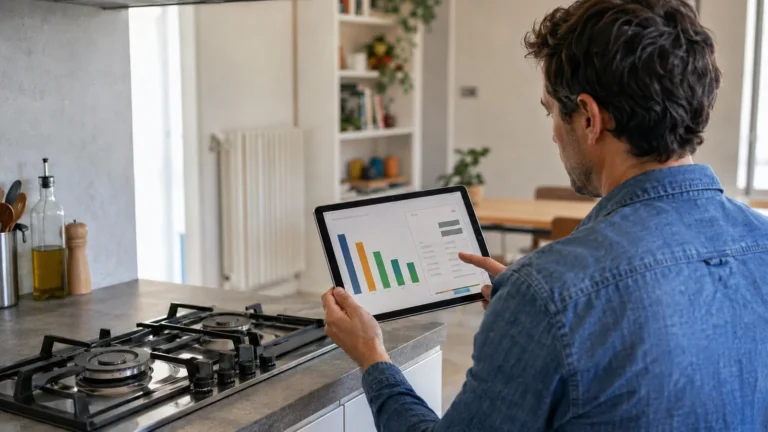 Particulier comparant des offres de gaz sur une tablette dans une cuisine
