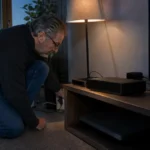 Homme vérifiant l’alimentation d’une box Internet dont l’afficheur reste éteint.