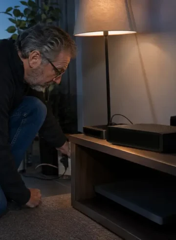 Homme vérifiant l’alimentation d’une box Internet dont l’afficheur reste éteint.