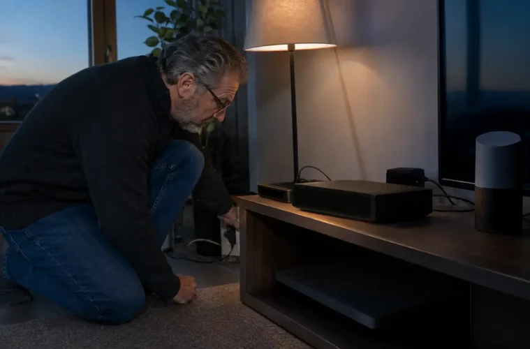 Homme vérifiant l’alimentation d’une box Internet dont l’afficheur reste éteint.
