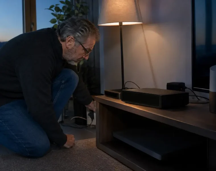 Homme vérifiant l’alimentation d’une box Internet dont l’afficheur reste éteint.