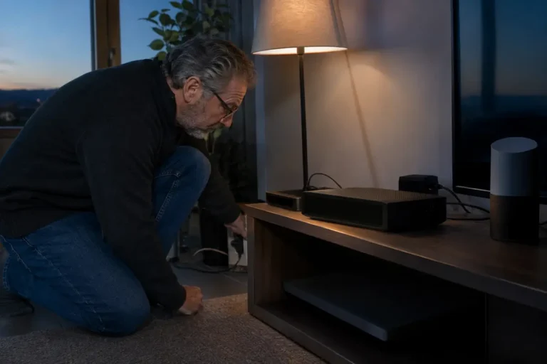 Homme vérifiant l’alimentation d’une box Internet dont l’afficheur reste éteint.