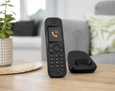 Téléphone fixe sans fil affichant le symbole d’un appel entrant externe
