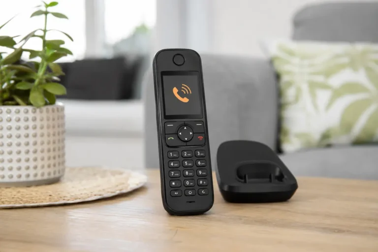 Téléphone fixe sans fil affichant le symbole d’un appel entrant externe