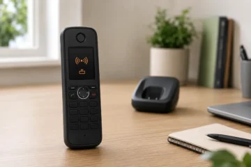 Combiné sans fil séparé de sa base avec un symbole de liaison radio