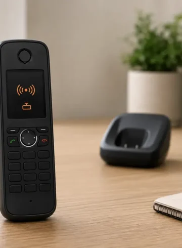 Combiné sans fil séparé de sa base avec un symbole de liaison radio