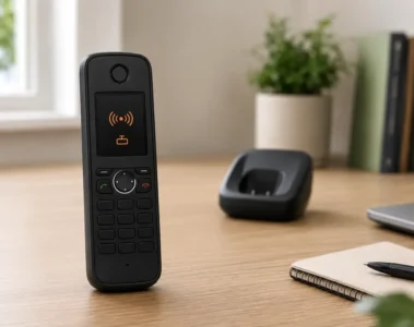 Combiné sans fil séparé de sa base avec un symbole de liaison radio