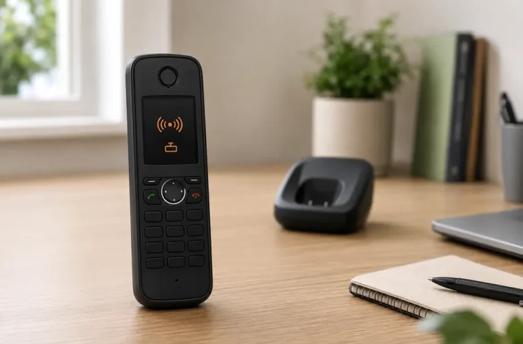 Combiné sans fil séparé de sa base avec un symbole de liaison radio