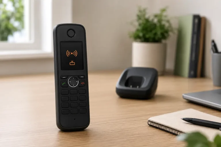 Combiné sans fil séparé de sa base avec un symbole de liaison radio