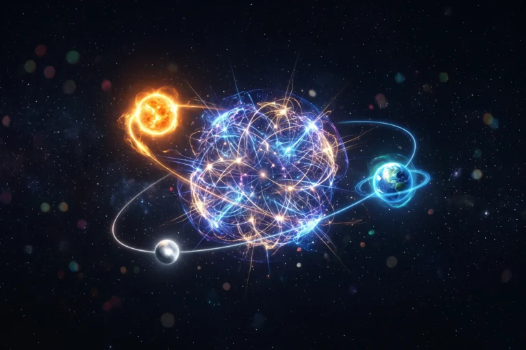 Reseau neuronal abstrait avec trois nuds lumineux orange bleu argent representant les modeles Sol Terra Luna de GPT-5.6 sur fond sombre