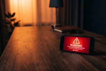 Smartphone affichant un SMS de smishing suspect avec un panneau d'alerte rouge sur fond sombre