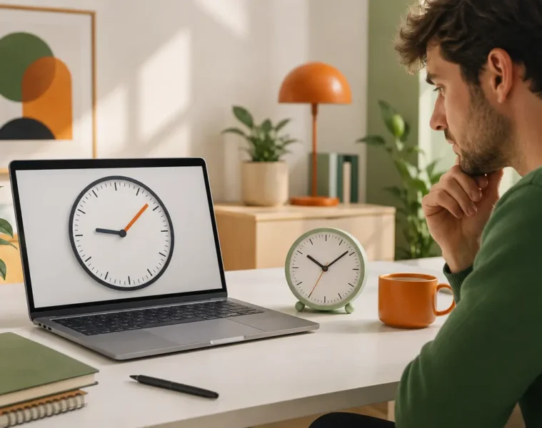 Utilisateur comparant deux horloges qui indiquent des heures différentes sur un ordinateur