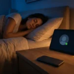 Utilisatrice endormie alors qu’une tablette affiche encore son profil en ligne.