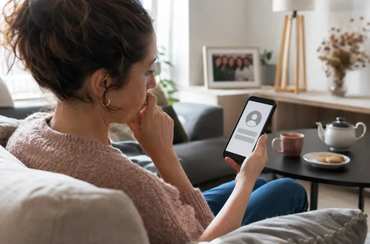Femme découvrant un profil devenu anonyme dans une ancienne conversation.
