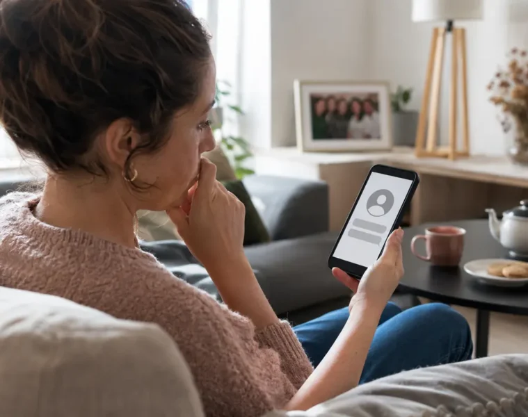 Femme découvrant un profil devenu anonyme dans une ancienne conversation.