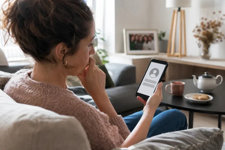 Femme découvrant un profil devenu anonyme dans une ancienne conversation.