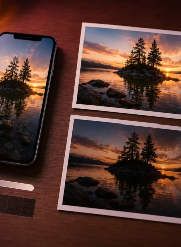 Comparaison de plusieurs rendus d’une photo à côté d’un smartphone