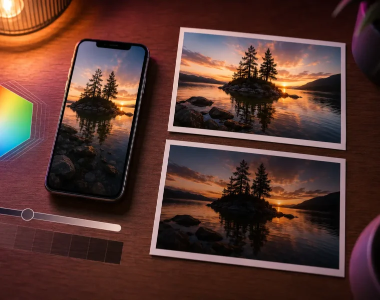Comparaison de plusieurs rendus d’une photo à côté d’un smartphone