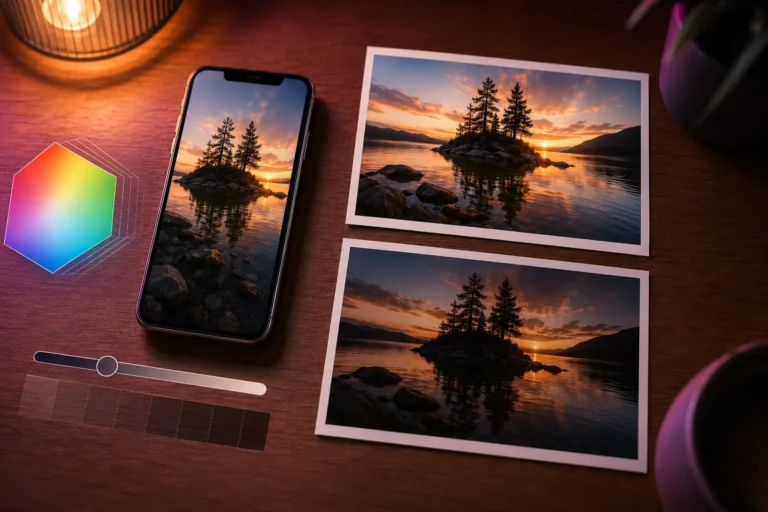 Comparaison de plusieurs rendus d’une photo à côté d’un smartphone