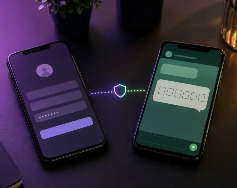 Deux smartphones illustrant un code de connexion reçu dans une messagerie