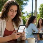Utilisatrice confrontée au refus de publication d’un commentaire depuis un café.