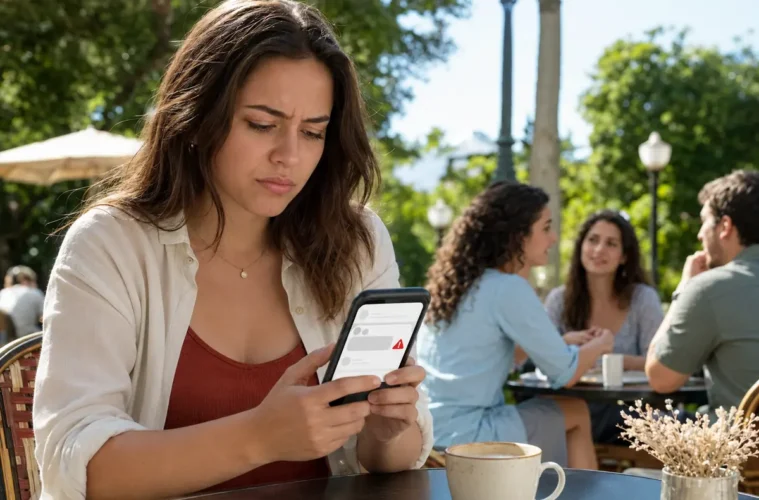 Utilisatrice confrontée au refus de publication d’un commentaire depuis un café.