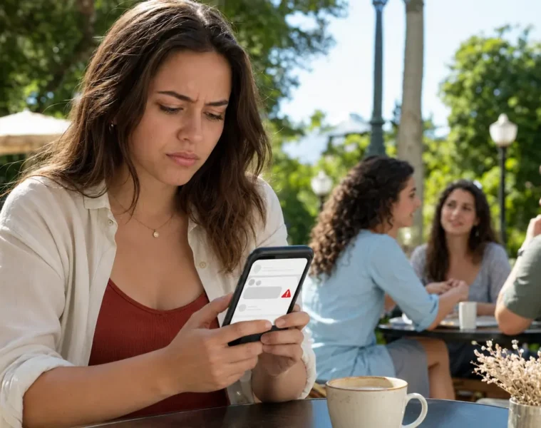 Utilisatrice confrontée au refus de publication d’un commentaire depuis un café.