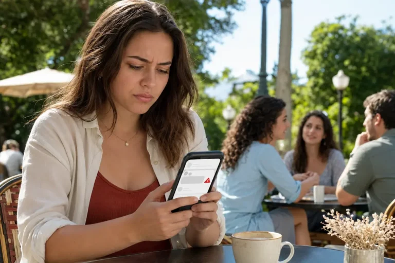 Utilisatrice confrontée au refus de publication d’un commentaire depuis un café.