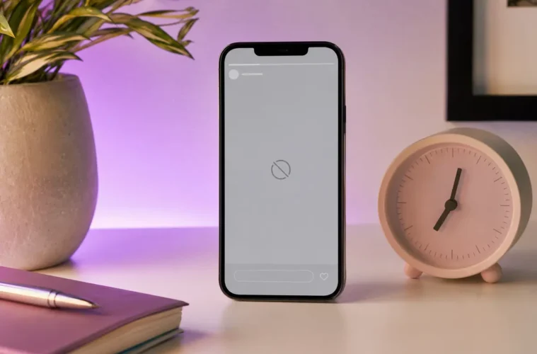Smartphone affichant une story indisponible à côté d’une horloge