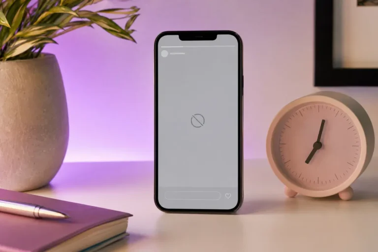 Smartphone affichant une story indisponible à côté d’une horloge