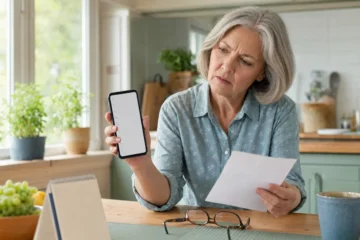 Femme comparant un journal d’appels vide avec un rappel papier.