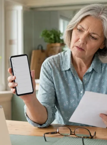 Femme comparant un journal d’appels vide avec un rappel papier.